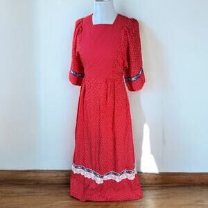 Vintage 70s Prairie Cottagecore Maxi Dress Red Embroidered Women's sz S Handmade